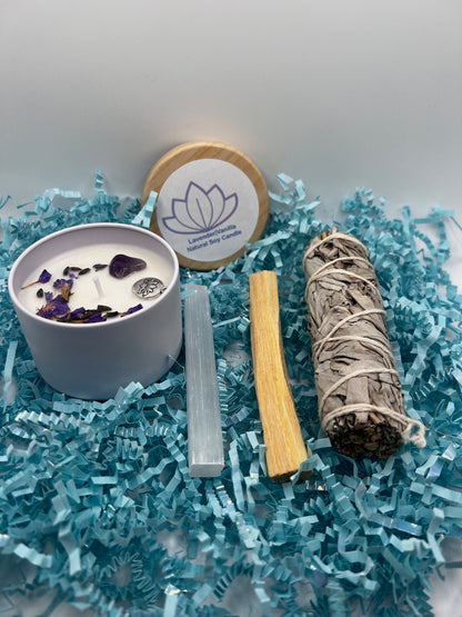 4 oz white lotus candle w/4" Selenite wand/palosanto/sage