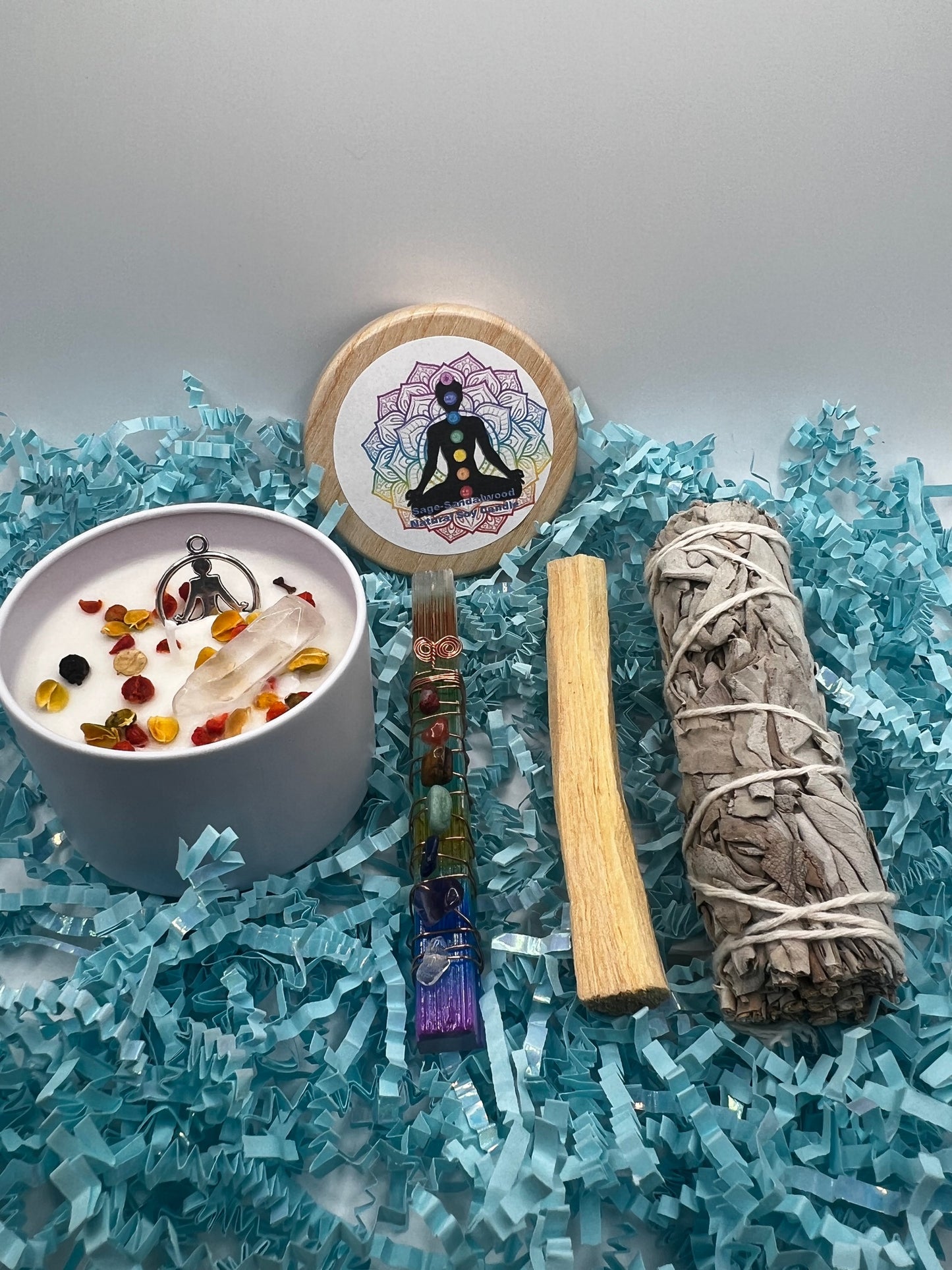 4 oz Yoga Candle w/ 7 chakra selenite wand/palosanto/sage