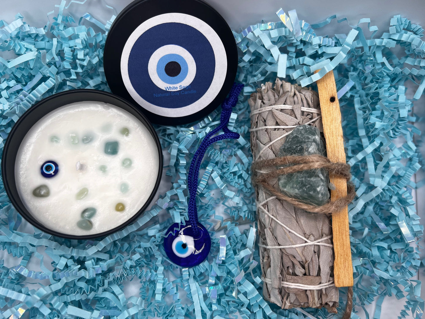 4oz blue evil eye candle w/sage/palosanto/greencrystal/Pendant