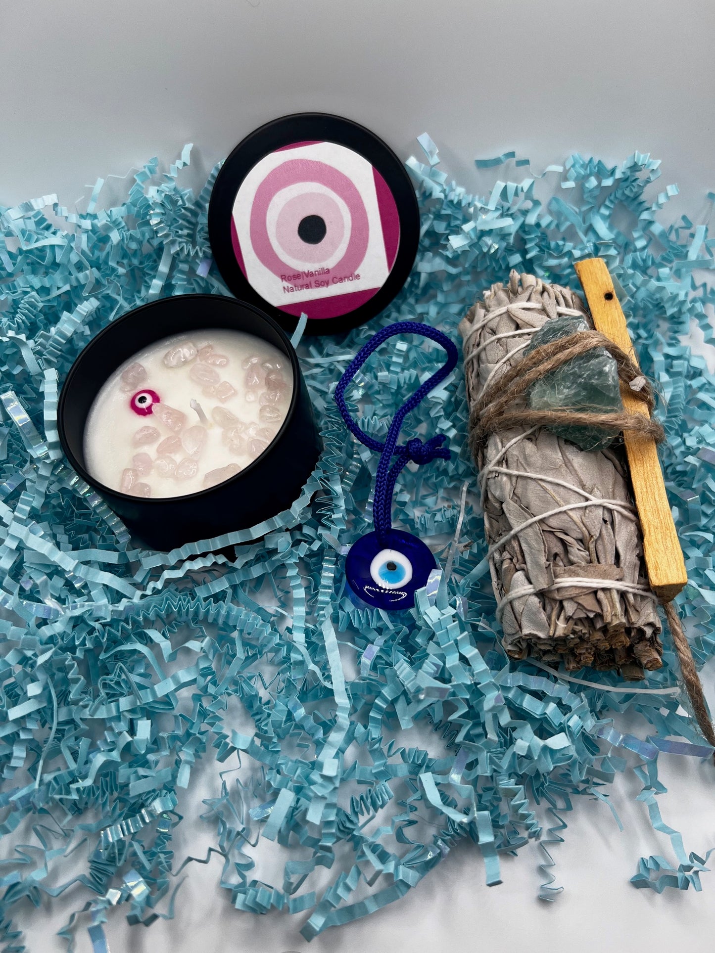 4 oz pink evil eye candle w/sage/palosanto/greencrystal/Pendant