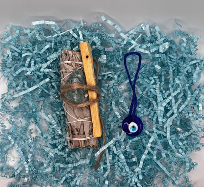 4" White Sage and 4" Palo Santo with Green Calcite Stone and Evil Eye Pendant